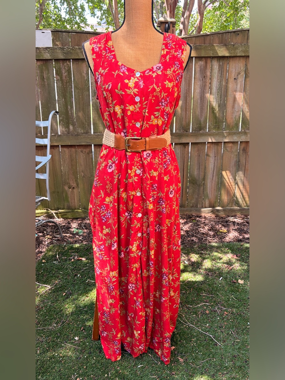Vintage Red Floral Maxi Dress Button Front Sleeveless Dress